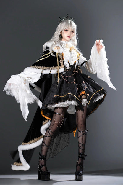 [Reservation Deadline: December 2] Royal Gothic Military Dress Coordinated Set (Shirt + Skirt + Long Vest with Train + One-Shoulder Fur Cape + Accessories)