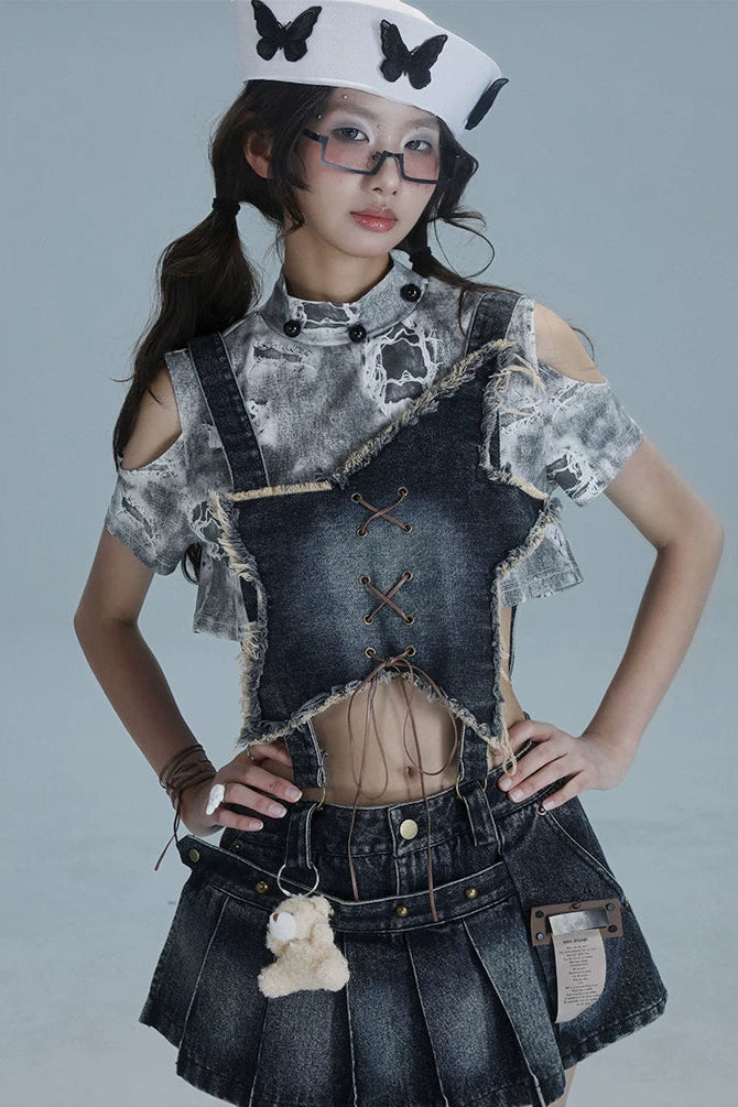 Y2Kスターデニムオーバーオールスカート+インナートップス