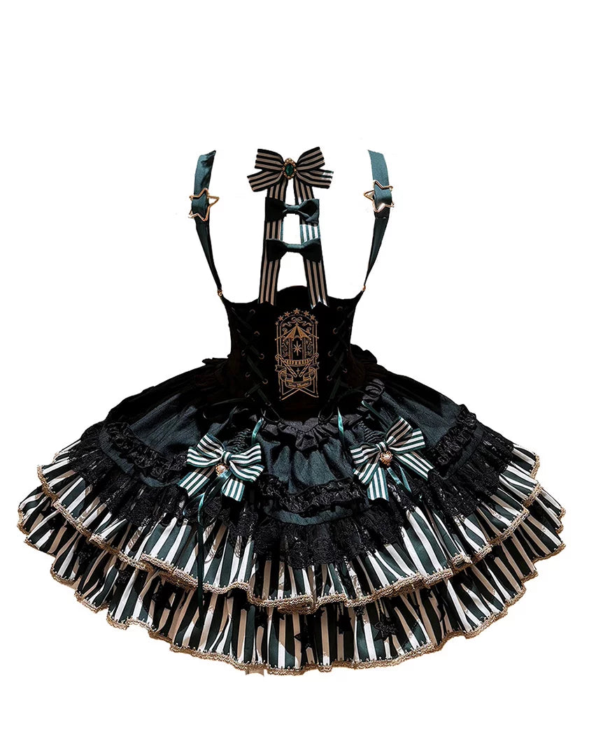 [Pre-order Deadline: May 20] Magical Girl Lolita Elegant Lace Puff Sleeve Shirt + Black x Green Ribbon Corset Tiered Dress + Mini Hat