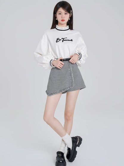 Lace Stand Collar Sweat Top + Asymmetrical Check Skirt