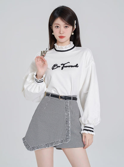 Lace Stand Collar Sweat Top + Asymmetrical Check Skirt