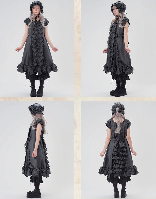 [November 15 Reservation Deadline] Black Gothic Doll-Style Front-And-Back Two-Way Ruffle Ribbon Lolita Dress (Short/Long) + Matching Shorts (Short/Long) + BB Hat