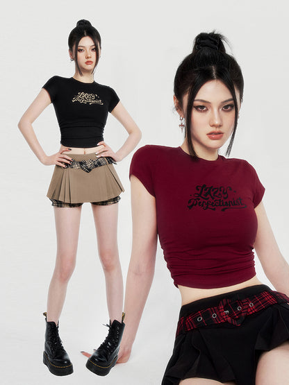 Y2K Cool Spicy Check Belt Inner Pants Inverted Pleated Skirt