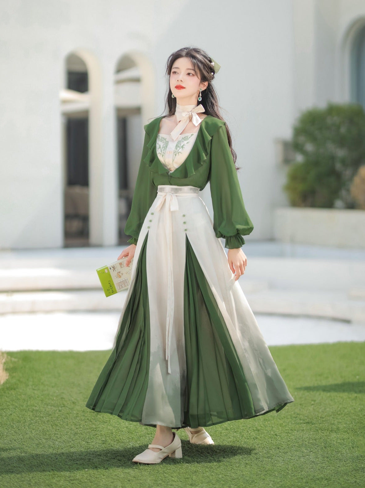 Innovative Green Ruffle Chaina Three Piece Suit