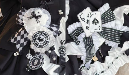 【2月13日予約締切】ブラックホワイトゴシックアリスラビットフリルビスチェトップメイドスカートドレスセット＋アクセサリー