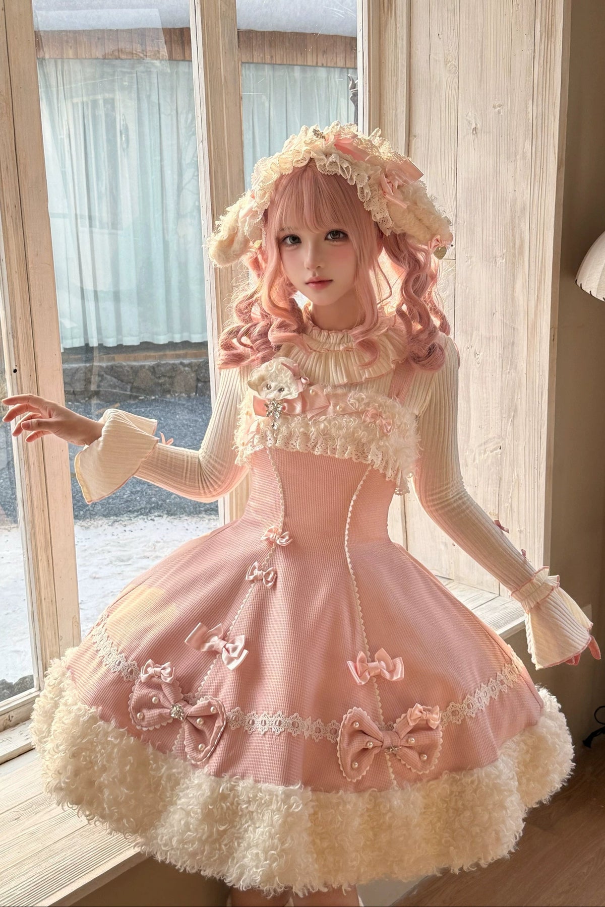 【11月7日予約締切】Yellow/Pink Sweet Lolita Lace Ribbon Fluffy Hem JSK Dress + Ruffle Neck Ribbed Bell Sleeve Top