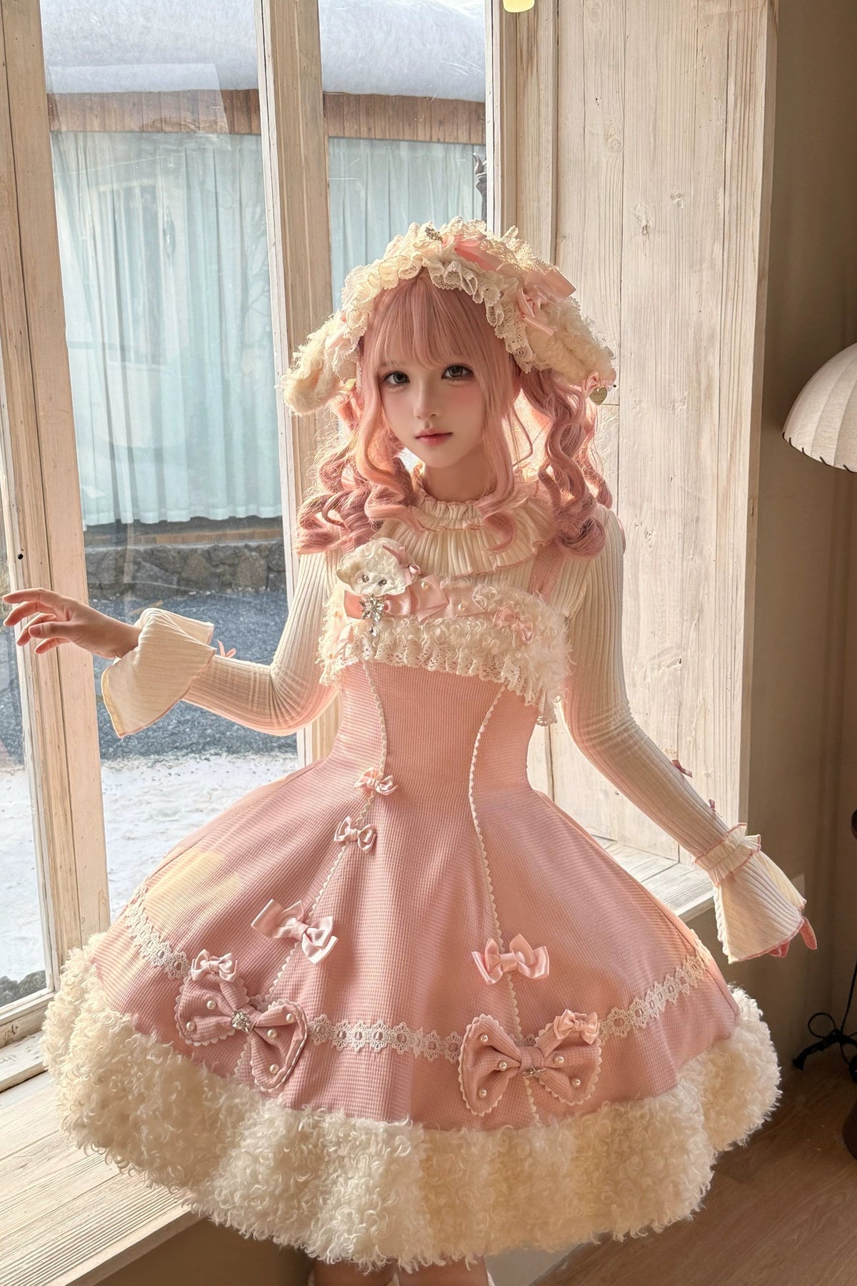 【11月7日予約締切】Yellow/Pink Sweet Lolita Ribbon Lace Headband With Lamb Ear Accent + Fluffy Lamb Brooch