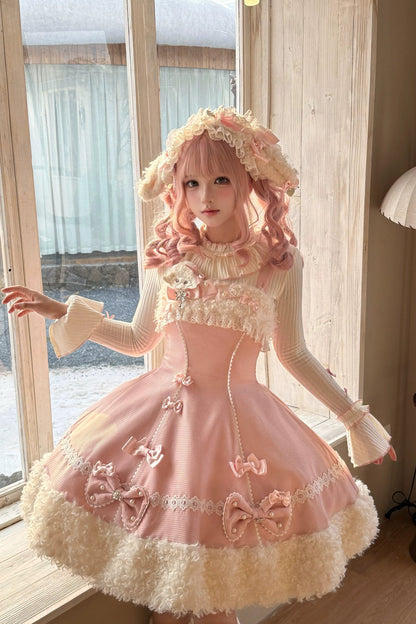 【11月7日予約締切】Yellow/Pink Sweet Lolita Ribbon Lace Headband With Lamb Ear Accent + Fluffy Lamb Brooch
