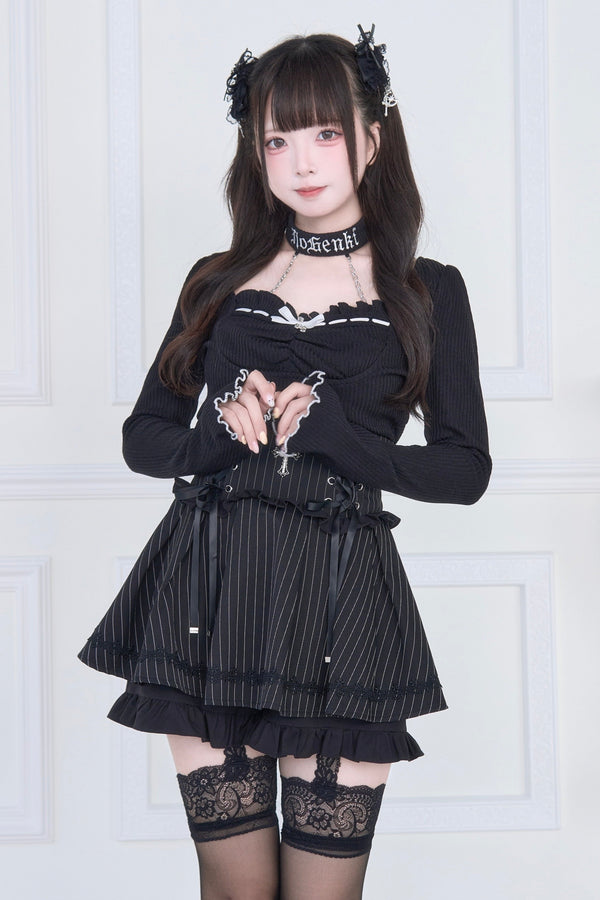 [Reservations] Choker Neck Square Frill Knit Top + Gothic Cross Lace-Up Skirt