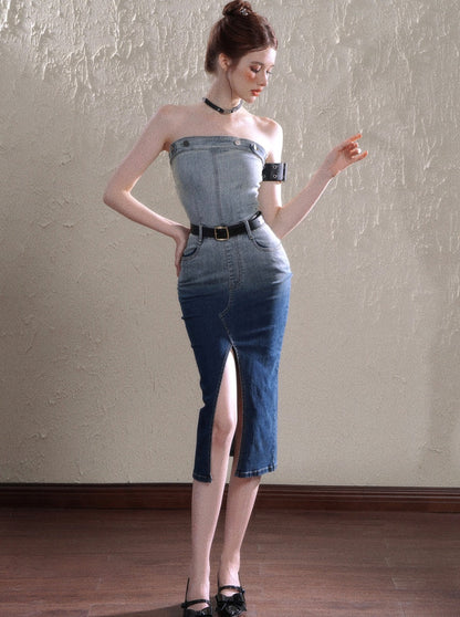 Tube Top Mid Length Summer Denim Dress