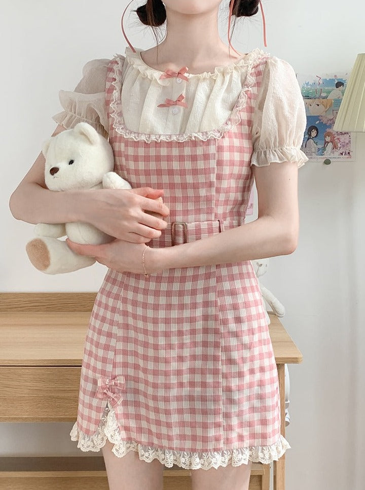 Retro pink check dress + frill ribbon tops