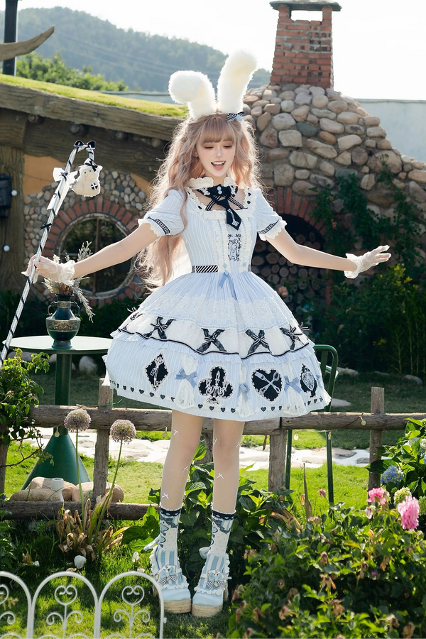 【8月13日予約締切】アリスブルーストライプレースゴシックロリータドレス＋うさ耳フーディータイカラー＋エプロン＋フルセット