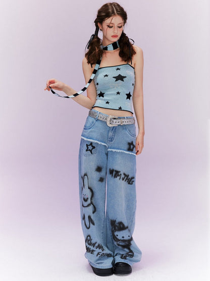 Blue Camisole Top + Skirt + Spray Art Denim Pants