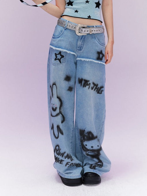 Blue Camisole Top + Skirt + Spray Art Denim Pants