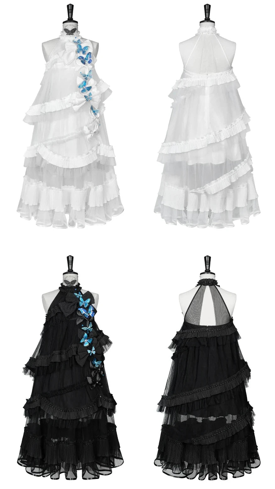 [Pre-order Deadline: October 14] Black/White Gothic Lolita Blue Butterfly Bow Tulle Ruffle Layered Halter Dress