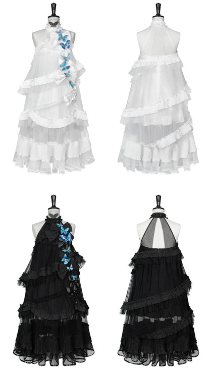 [Pre-order Deadline: October 14] Black/White Gothic Lolita Blue Butterfly Bow Tulle Ruffle Layered Halter Dress