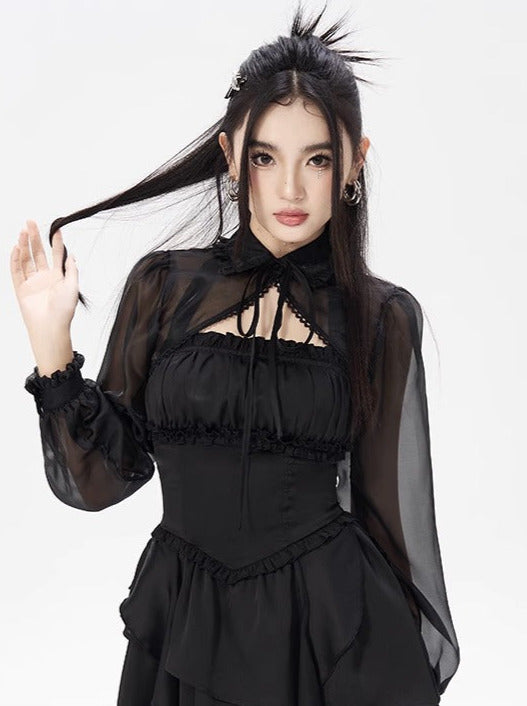 Sheer Lantern Sleeve Black Chiffon Short Jacket