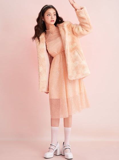 Sugar Cream Orange Rabbit Faux Fur Coat