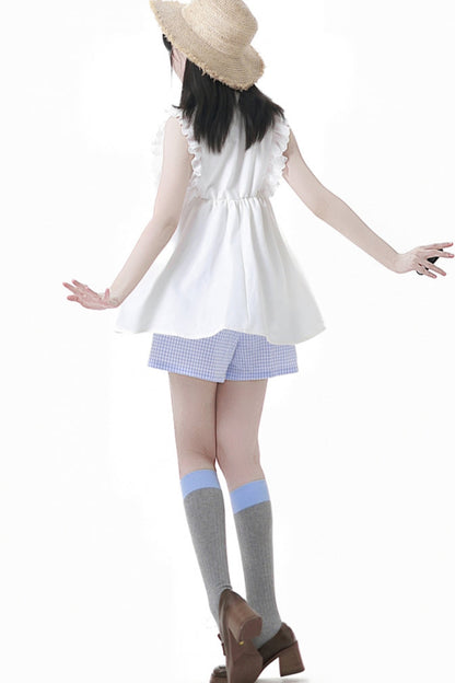 シェルパズルノースリーブトップス＋チェックショートパンツ＋バルーンドレス