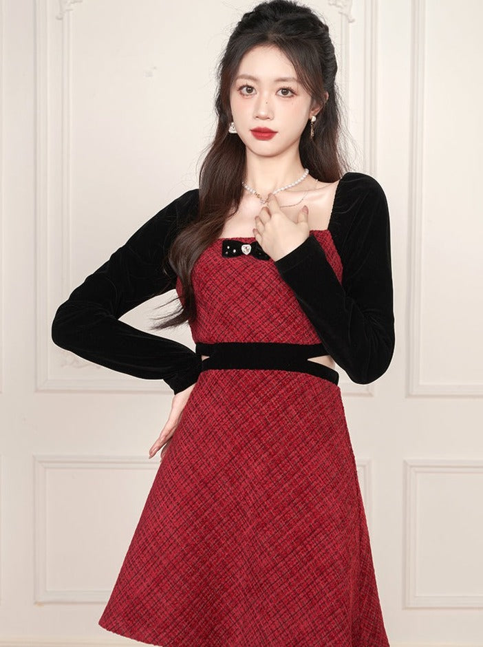 French Red Splicing Square Neck Waist Waist Design Dress