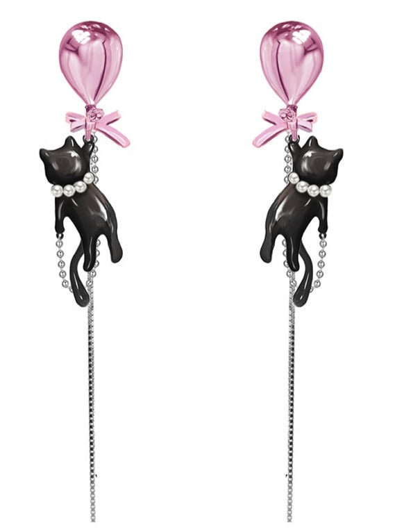 Balloon cat pearl silver earrings