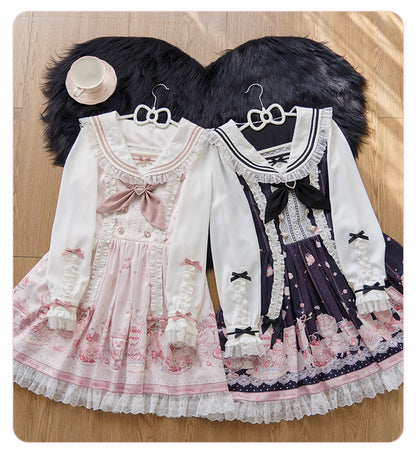 Sailor Color Sweetheart Print Dress + V-Neck Frilled Knit Cardigan