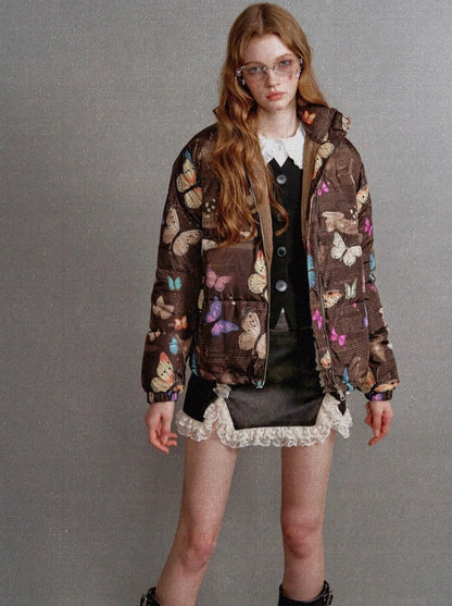 Butterfly Print Short White Duck Down Jacket