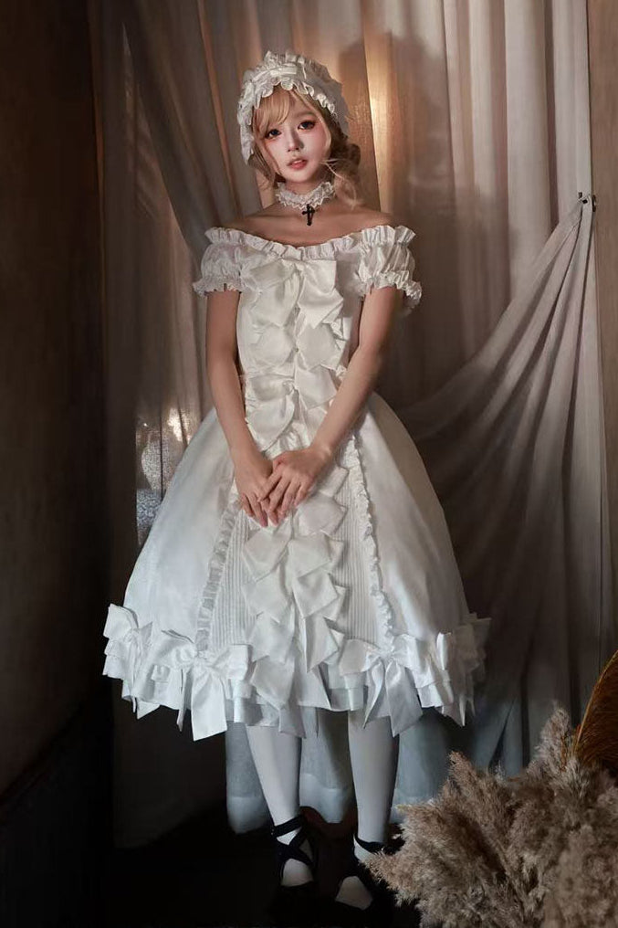 [November 15 Reservation Deadline] White Doll Style Front & Back Two-Way Ruffle Ribbon Lolita Dress (Short/Long) + Matching Shorts (Short/Long) + BB Hat