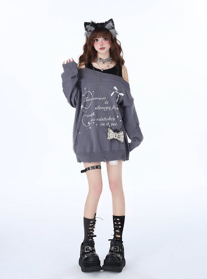 [2.10 limited time 95% off] white peach bubble original girl lazy feeling fake two off-the-shoulder torn sweet and cool sweaters