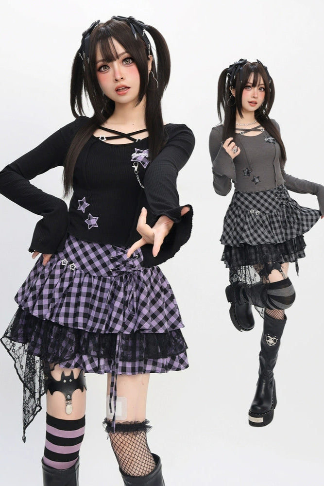 アビースリムショートトップス+チェックレーススカート