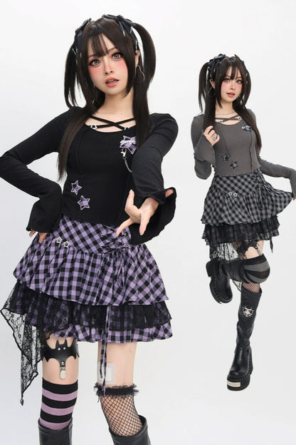 アビースリムショートトップス+チェックレーススカート