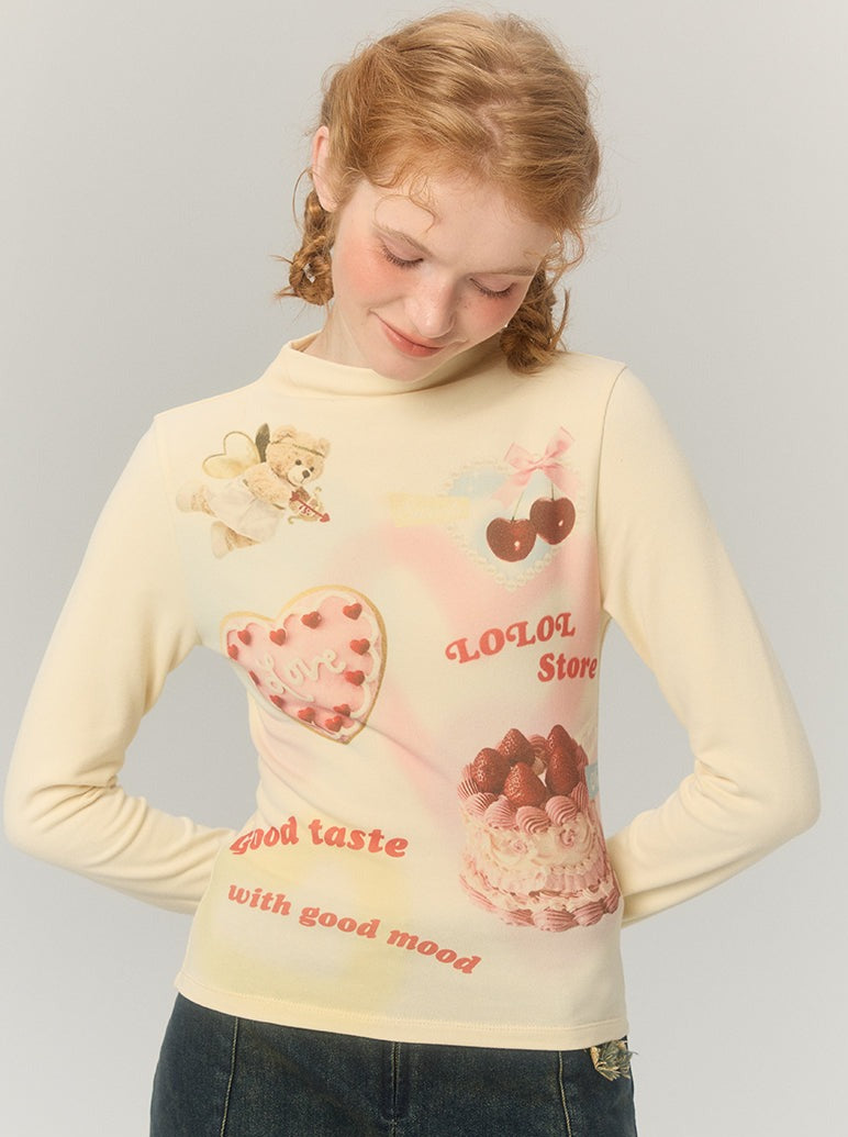 Half Turtle Collar Retro Sweet Illustration Top