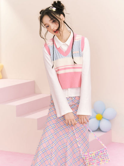 Pink stripe no sleeve knit vest