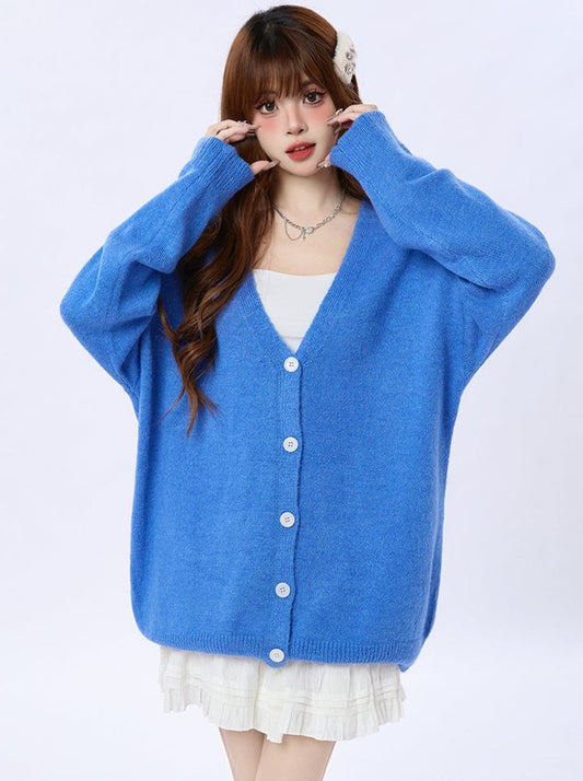 ENJOG American Klein Blue Sweater Cardigan Women's New Spring Niche Versatile Lazy Thin Knit Jacket