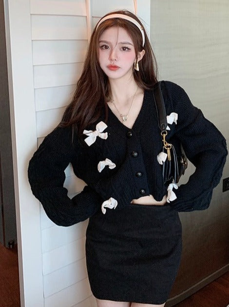 リボンパールケーブルニットカーディガン