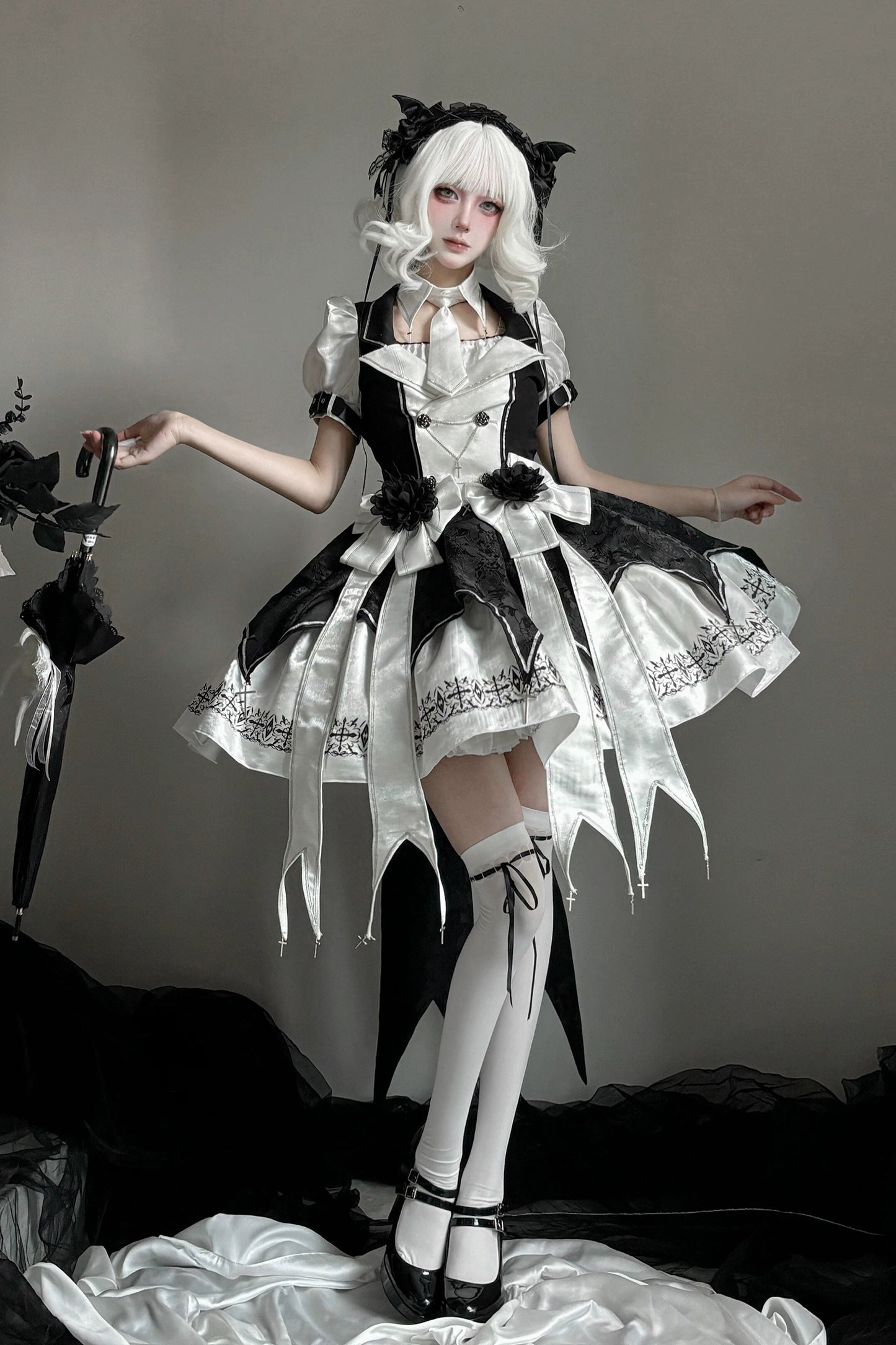 [Pre-order Deadline: April 11] White Black Noir Dark Gothic Lolita Jacket Dress Princess Sleeve Full Set + Matching Set