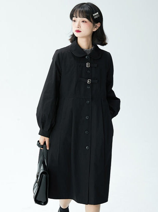 Tailored College Style Black Loose Pleated Doll Coat