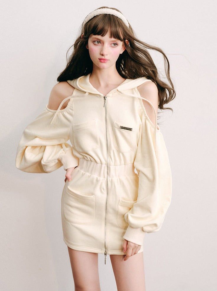 Cream Casual Sporty Hooded Dress