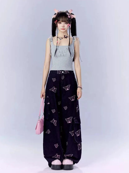 Black Pink Butterfly Wide Loose Pants