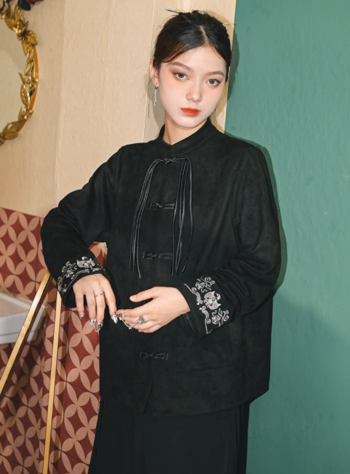 Retro stand collar button velvet top