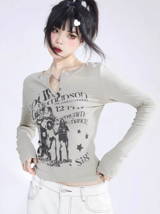 Short Key Neck Printed Long T