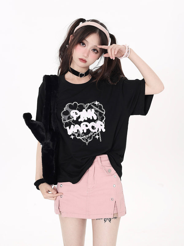 Original print drop shoulder T-shirt [Bear Heart Logo Rabbit]