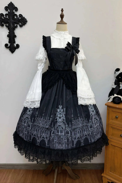 【10月13日予約締切】Gothic Lolita Black White Cathedral Print Lace Trim JSK Dress + Full Dress Set (Detachable Sleeved Shirt, Mini Hat, Apron, Brooch)