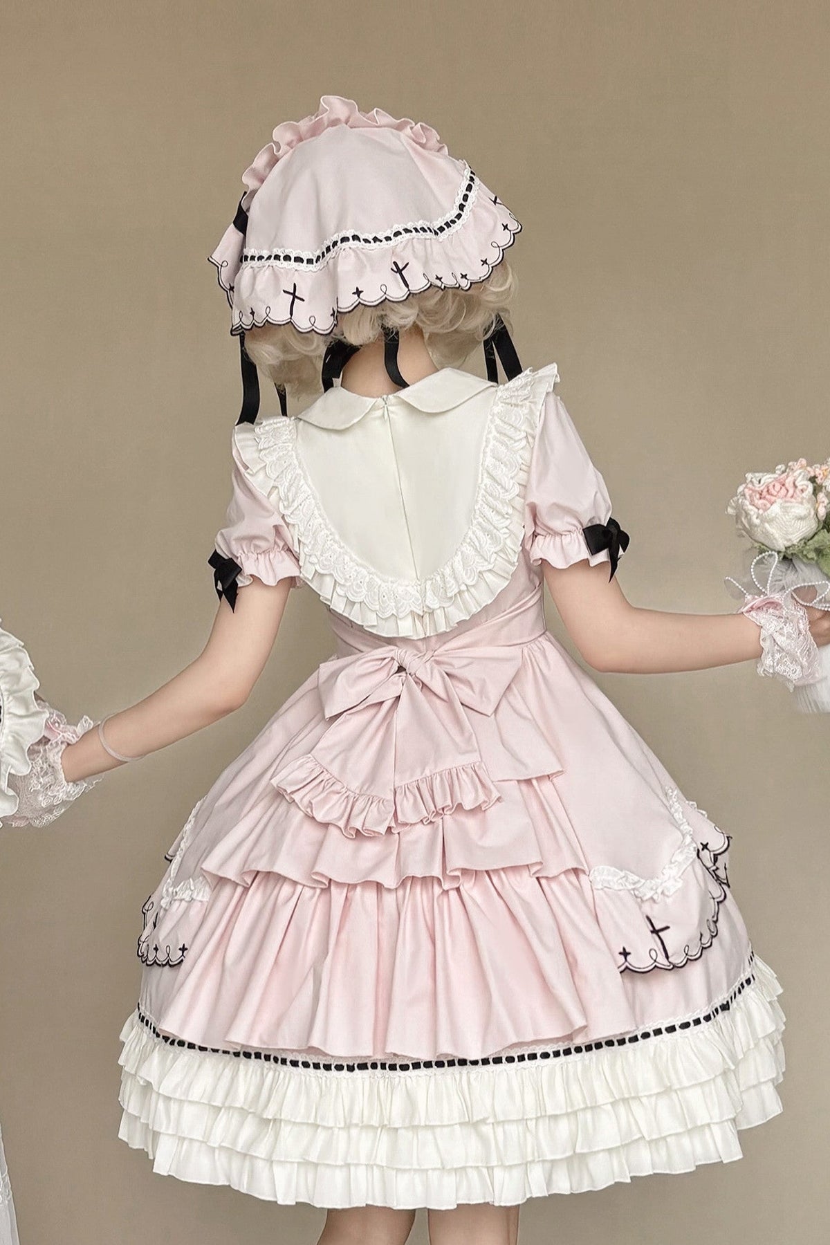 【10月4日予約締切】Four-color Gothic-style Sweet Lolita Cross Embroidery Ribbon Bonnet + Ruffle Scarf Headband