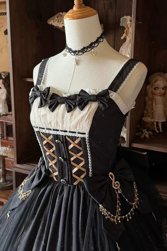 Reservation Deadline: December 26 Black Gold Gothic Lolita Cat Choir Series Accessories (Cat Ear BB Hat + Back Ribbon Train + Pair of Side Ribbons with Musical Note and Cross Motifs + Cat Print Ribbon KC + Black Cat Ear Lace Mini Hat)