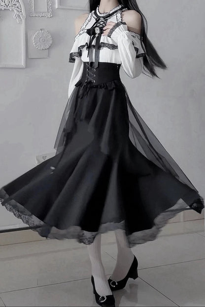 [Pre-order Deadline: October 30] Elegant Gothic White and Black Lace Off-Shoulder Long-Sleeve Ribbon Frill Blouse + Black Layered Lace Long Skirt