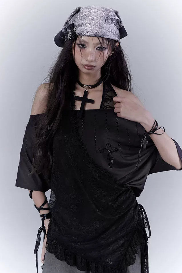 シアーオフショルレースハルタートップス