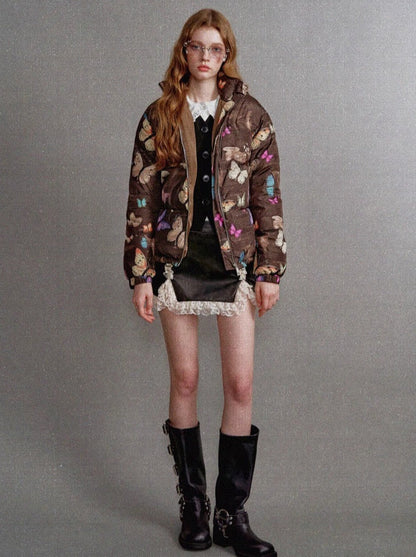 Butterfly Print Short White Duck Down Jacket