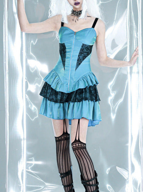 Y2K Virtual Track Cool Punk Suspender Tiered Dress