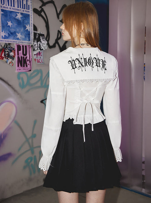 Sailor Collar Gothic Logo Back Lace-up Lace Blouse 